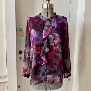 Sheer Floral Christopher & Banks Ruffle Blouse Pirate Shirt PXL